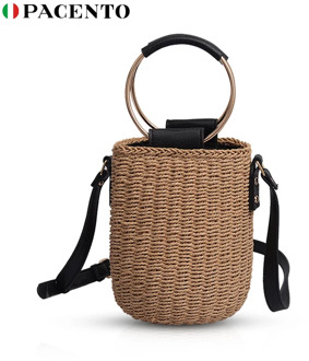 PACENTO Rattan Woven Straw Bag Summer Beach Handbag Bucket Shoulder Bag Women Ring Handle Handbag Crossbody Bags for Women Woven