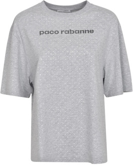 Paco Rabanne Logo-Print Rhinestone T-Shirt - Grijs Paco Rabanne , Gray , Dames - M,S