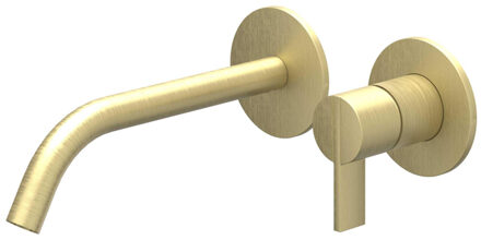 Pact Wastafelmengkraan - met inbouwdeel - 2-gats - inbouw - wandmontage - gebogen uitloop - coldstart - Geborsteld mat goud PVD SW1030837/SW1030894 Goud geborsteld