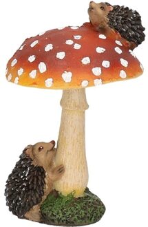 Paddenstoel beeldje met egeltjes - 11 cm - herfstdecoratie - voor tuin en huis - polyresin ornament Multi