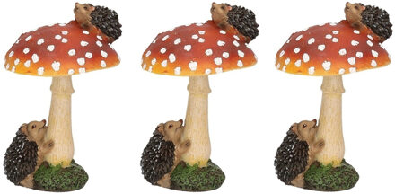 Paddenstoel beeldje met egeltjes - Set van 3x stuks - 11 cm - herfstdecoratie - voor tuin en huis