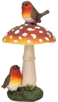 Paddenstoel beeldje met roodborstjes - tuin en huis herfstdecoratie - 16 cm - polyresin - Tuinbeelden Multikleur