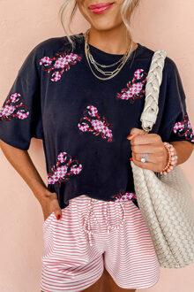 Pailletten Krab Appliqué T-shirt - maat M Zwart