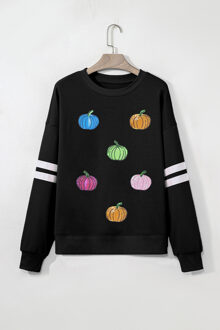 Pailletten Pompoen Mouwgestreept Sweatshirt Zwart