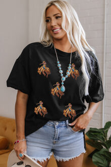 Pailletten Rodeo Print T-shirt Zwart