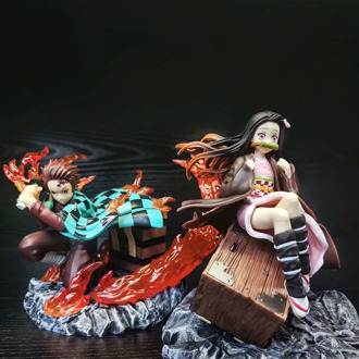 Painted Figure Figure Toy Demon Slayer Fire Battle Version Kamado Tanjirou Action Figure Sitting Ver. Nezuko PVC Anime 1/8 Scale