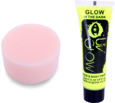 PaintGlow Carnaval schmink fluor geel met sponsje - Glow in the Dark - 10ml - kind/volwassenen