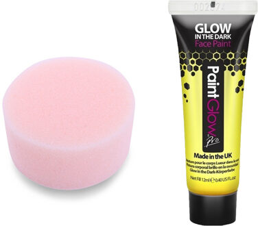 PaintGlow Carnaval schmink fluor geel met sponsje - Glow in the Dark - 10ml - kind/volwassenen