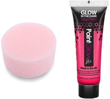 PaintGlow Carnaval schmink fluor roze met sponsje - Glow in the Dark - 10ml - kind/volwassenen