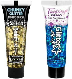 PaintGlow Chunky Glittergel voor lichaam en gezicht - 2 tubes - goud en diepblauw - 12 ml