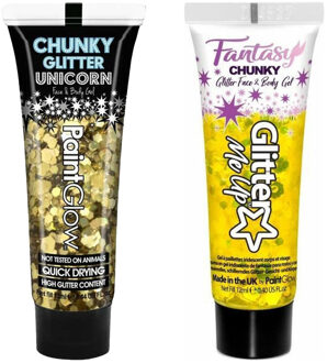 PaintGlow Chunky Glittergel voor lichaam en gezicht - 2 tubes - goud en goudgeel - 12 ml