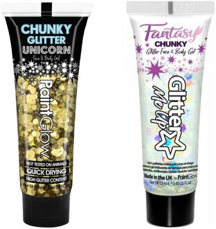 PaintGlow Chunky Glittergel voor lichaam en gezicht - 2 tubes - goud en parelmoer - 12 ml