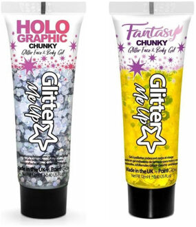 PaintGlow Chunky Glittergel voor lichaam en gezicht - 2 tubes - zilver en goudgeel - 12 ml
