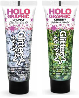 PaintGlow Chunky Glittergel voor lichaam en gezicht - 2 tubes - zilver en groen - 12 ml