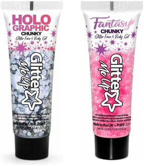 PaintGlow Chunky Glittergel voor lichaam en gezicht - 2 tubes - zilver en lichtroze - 12 ml