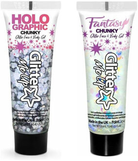 PaintGlow Chunky Glittergel voor lichaam en gezicht - 2 tubes - zilver en parelmoer - 12 ml