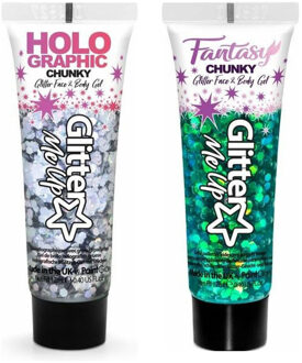 PaintGlow Chunky Glittergel voor lichaam en gezicht - 2 tubes - zilver en zeemeermin groen - 12 ml