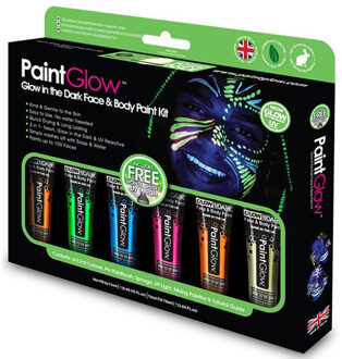 PaintGlow Face/Body paint set - 6x13 ml - neon/glow in the dark/black light - schmink/make-up - waterbasis Multi