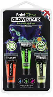 PaintGlow Face/Body paint set - geel/groen/oranje - 3x12 ml - neon/glow in the dark - schmink/make-up - waterb