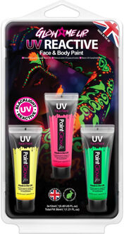 PaintGlow Face/Body paint set - roze/groen/geel - 3x13 ml - black light - schmink/make-up - waterbasis