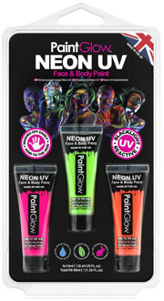 PaintGlow Face/Body paint set - roze/groen/oranje - 3x13 ml - neon/black light - schmink/make-up - waterbasis