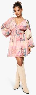 Paisley Chiffon Mini-Jurk Met Volume Mouwen En Geruimde Taille, Pink - 36