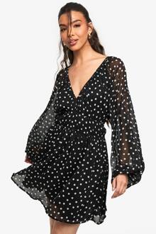 Paisley Polkadot Chiffon Mini-Jurk Met Volumineuze Mouwen En Gegromde Taille, Black - 38