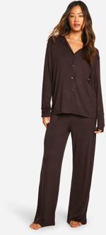 Pajamaset Voor Lange Maten: Overhemd Met Lange Mouwen En Broek, Chocolate - 42