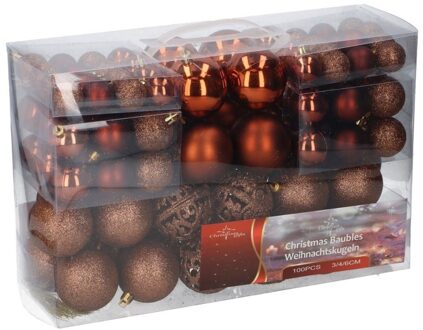 Pakket met 100x bruine kunststof kerstballen 3, 4, 6 cm