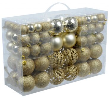 Pakket met 100x gouden kerstballen kunststof 3, 4, 6 cm Goudkleurig