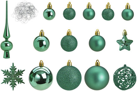Pakket met 110x stuks kunststof kerstballen/ornamenten met piek emerald groen