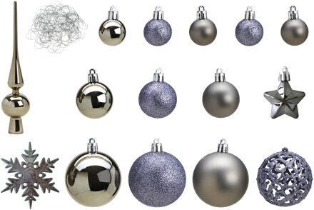 Pakket met 110x stuks kunststof kerstballen/ornamenten met piek grijs