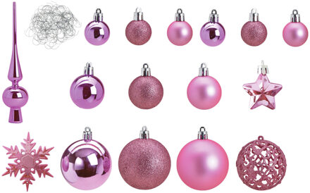 Pakket met 110x stuks kunststof kerstballen/ornamenten met piek roze