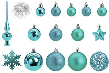 Pakket met 110x stuks kunststof kerstballen/ornamenten met piek turqouise - Kerstbal Blauw