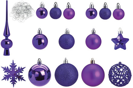 Pakket met 111x stuks kunststof kerstballen/ornamenten met piek paars