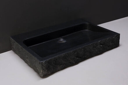 Palermo Wastafel 80.5x51.5x9cm 2 wasbakken Graniet Gezoet Gekapt Antraciet 2 kraangaten Zwart