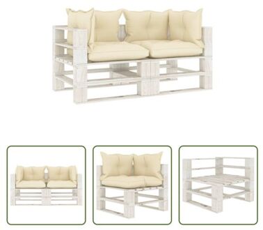 Pallet Bank - Terrasbank - Grenenhout - 140 x 67.5 x 60.8 cm - Crème/Wit - Inclusief kussens