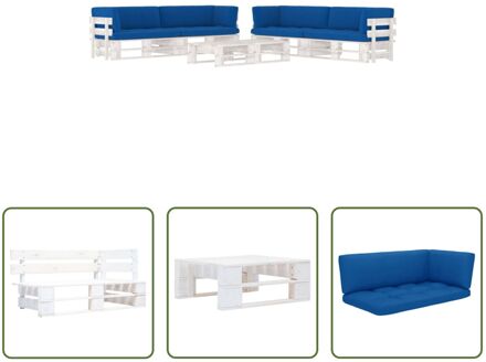 Pallet Loungeset - 110x65x55 cm - Grenenhout - Koningsblauwe kussens Wit