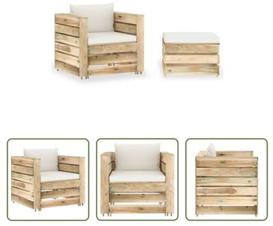 Pallet loungeset - Grenenhout - Modulair - Groen geïmpregneerd - 77x70x66cm - Inclusief kussens Crème