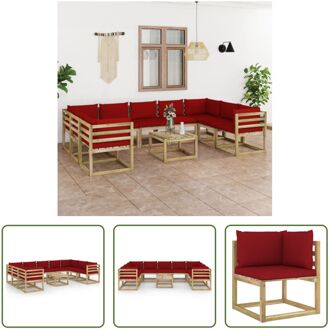 Pallet Loungeset - Grenenhouten - Hoekbank (64x64x70cm) - Middenbank (60x64x70cm) - Tafel Rood