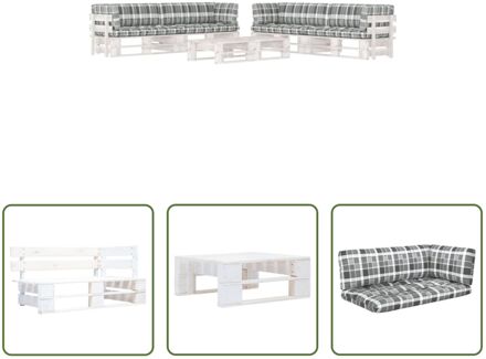 Pallet Loungeset - Tuinmeubelset van geïmpregneerd grenenhout - 110x65x55 cm - Grijs geruit kussen Wit