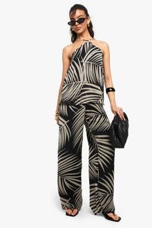 Palmprint Chiffon Jumpsuit Met Wijde Pijpen, Black - 36