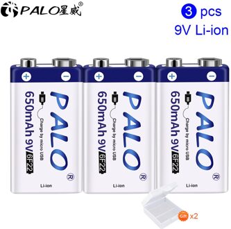 Palo 6F22 9V Usb Batterij 9V Li-Ion 650Mah Li-Polymer Oplaadbare Batterij Usb Lithium 9V batterij Voor Speelgoed Afstandsbediening 3stk