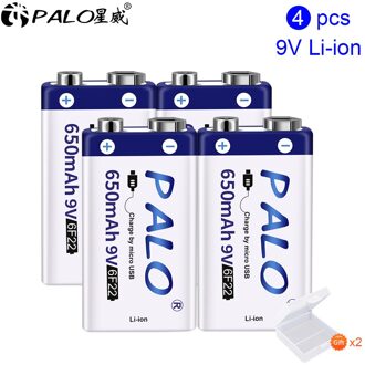 Palo 6F22 9V Usb Batterij 9V Li-Ion 650Mah Li-Polymer Oplaadbare Batterij Usb Lithium 9V batterij Voor Speelgoed Afstandsbediening 4stk