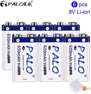 Palo 6F22 9V Usb Batterij 9V Li-Ion 650Mah Li-Polymer Oplaadbare Batterij Usb Lithium 9V batterij Voor Speelgoed Afstandsbediening 6stk