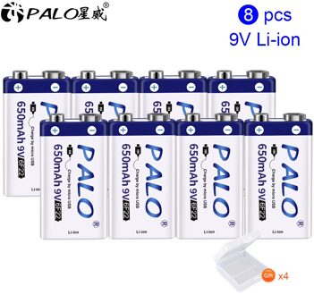 Palo 6F22 9V Usb Batterij 9V Li-Ion 650Mah Li-Polymer Oplaadbare Batterij Usb Lithium 9V batterij Voor Speelgoed Afstandsbediening 8stk