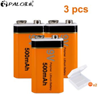 Palo 9V Oplaadbare Batterij 500Mah Lithium Oplaadbare Batterij 9V 6f22 Batterij Oplaadbare 3stk accu