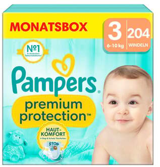 Pampers Premium Protection luiers - Maat 3 - (6kg - 10kg) - 204 Luiers - Maandbox Wit