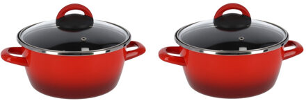 Pan - Set van 2x stuks - met glazen deksel - rood - 20 cm - 5 liter - RVS - kookpan - soepp