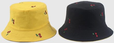 Panama Fruit Cherry Print Emmer Hoed Voor Vrouwen Visser Hoed Puur Katoen Materiaal Twee Side Omkeerbare Bob Hoed Zomer Zon hoed geel en zwart